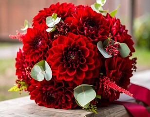 A vibrant bouquet of deep red dahlias and greenery