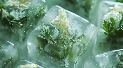 Macro photography of frozen herbs inside crystal-clear ice blocks, creative culinary concept with fresh organic detail
