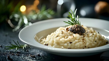 Creamy risotto with truffle shaving in fine dining concept, gourmet Italian cuisine plated under dramatic moody lighting
