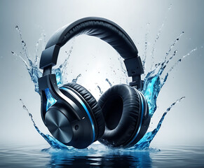 Premium over-ear headphones with cushioned earcups captured in dramatic blue water splash, sleek black studio product shot for music, podcast, streaming and waterproof-concept visuals.