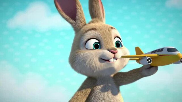 Animated Bunny Holding Toy Airplane Against Sky, Ready for Adventure Travel