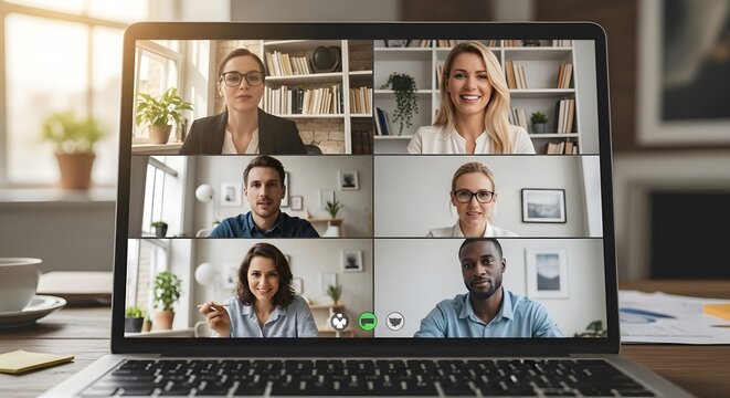 Diverse team video conference call on laptop, remote work concept