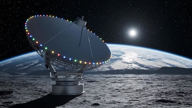 Giant Parabolic Antenna with Colorful Lights on the Moon Facing Earth