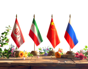 Group of North Korea, Iran, China, and Russia Flags Arranged on Wooden Table with Flowers, Transparent PNG