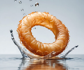 Golden glazed ring doughnut captured mid-splash with elegant ripples, appetizing studio dessert scene for bakery promotions, sweet indulgence, and coffee-break treats.