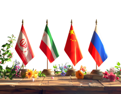Group of North Korea, Iran, China, and Russia Flags Arranged on Wooden Table with Flowers, Transparent PNG