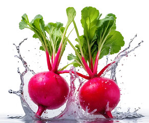 Vivid garden radishes with crisp leaves in dynamic water splash, minimalist white studio still life for detox salads, plant-based recipes, and clean eating visuals.