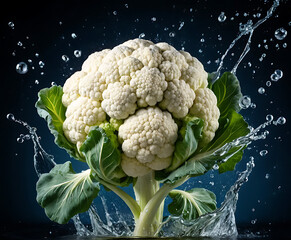 Fresh cauliflower head with crisp green leaves and sparkling water droplets, dramatic studio macro on dark gradient, perfect for healthy diet, farm-to-table cooking themes.