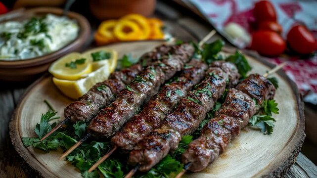 Delicious Adana Kebabs on Wooden Plate with Fresh Herbs and Lemon Wedges Presentation