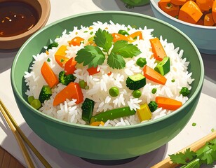 A vibrant bowl of mixed vegetable fried rice