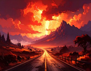 A vibrant, stylized landscape painting of a winding road leading into a fiery sunset with dramatic lightning