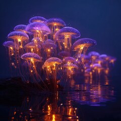Fototapeta premium Bio luminescent, mushroom-like organisms cluster near water, glowing with purple and orange light, reflecting on the dark water's surface