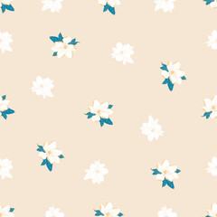 Minimal and modern seamless floral pattern with tiny white blossoms and teal leaves on a beige background. Perfect for fabric, wrapping paper, and simple decor.