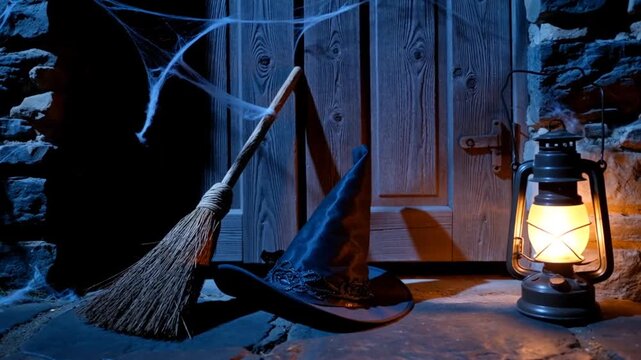 Eerie Halloween Night: Witch's Broom, Hat, and Lantern by Cobweb-Draped Door - Powered by Adobe
