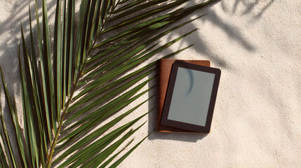 Relaxing vacation escape with e-reader nestled in sandy beach beside vibrant green palm frond, enjoying digital content outdoors