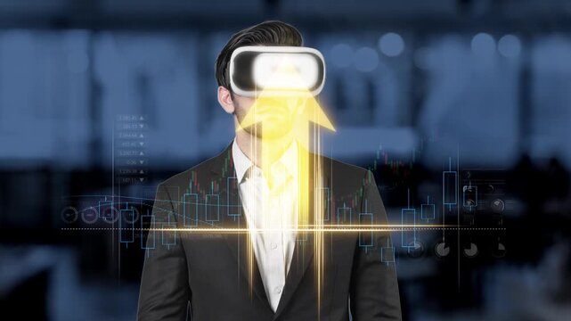 A business professional engages with virtual reality technology to analyze dynamic financial data in a contemporary office setting, showcasing innovation and analytics. Raster - Powered by Adobe