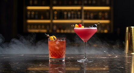 Two expertly crafted cocktails, a pink martini and an old fashioned, sit on a dark marble bar top with dry ice creating a smoky effect; flat lay, moody lighting, upscale