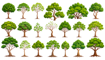 A diverse collection of lush, vibrant trees with varying shapes and foliage, set against black