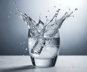 Clear drinking glass bursting into a bright crown splash, minimalist purity visual for hydration, refreshment, and clean modern design layouts.