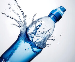 Close-up blue plastic bottle with cap in a sparkling splash, crisp studio product visual suggesting freshness, durability, and everyday hydration