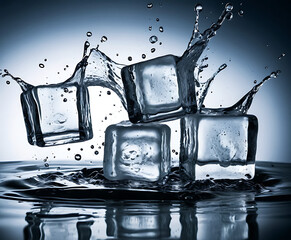Crystal ice cube exploding inside a clear glass, blue-white minimalist still life symbolizing chill, purity, and premium beverage refreshment.