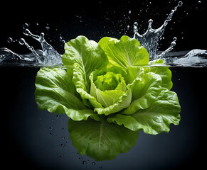 Lush romaine lettuce exploding in a dramatic splash on black, vivid farm-fresh still life for salad, wraps, and wholesome lifestyle content.