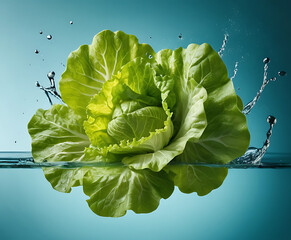 Crisp green lettuce head bursting with droplets on aqua, fresh salad hero for healthy eating, detox menus, and market-fresh visuals.