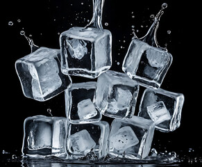Tower of transparent ice cubes with energetic splash on black, glossy abstract still life for cocktails, bars, and ultra-cool beverage design.