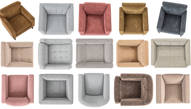 Array of 15 colorful, cozy armchairs arranged as a pattern