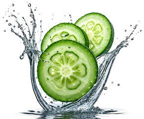 Stacked cucumber slices jumping through a clean splash on white, cool crunchy vegetable macro for detox menus, spa visuals, and summer salad concepts.
