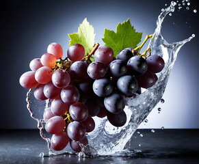 Juicy grape bunch with leaf caught in sparkling rinse, bright studio still life celebrating natural sweetness, market freshness, and vineyard heritage.