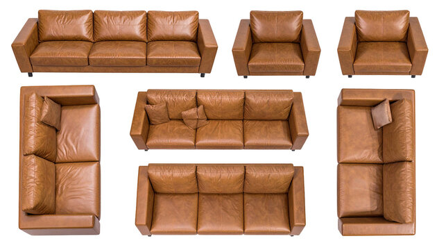 Collection of leather sofas & armchairs, various angles. Brown upholstery, modern design