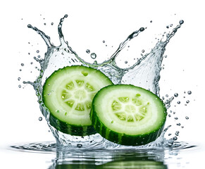Fresh cucumber rounds with visible seeds and airy splash on white, crisp hydration icon for salads, spa water, and clean minimalist wellness design.