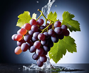 Lush grape cluster with vine leaf and sparkling rinse, dramatic dark studio macro for harvest, wine, and antioxidant-rich fruit storytelling.