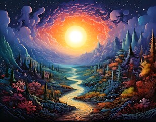 A vibrant, fantastical landscape with a central sun
