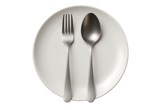 Empty plate with fork and spoon isolated on transparent background