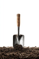 A weathered garden trowel, with a worn wooden handle, rests in dark soil against a stark white backdrop.  The image is simple yet evocative of gardening and spring