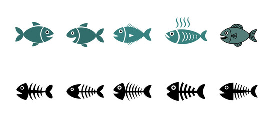 Collection of cartoon fish and fish skeletons