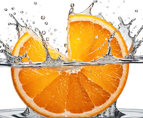 Close-up orange half resting at the waterline with bright bubbles, crisp studio citrus scene for juices, cocktails, and vitamin-rich wellness content.