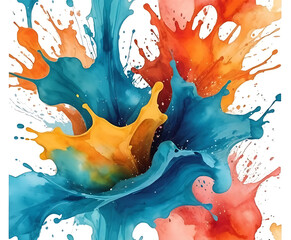 Vibrant cyan–yellow–orange paint burst rising in airy splash, modern abstract liquid art for creative posters, ads, and energetic color stories.