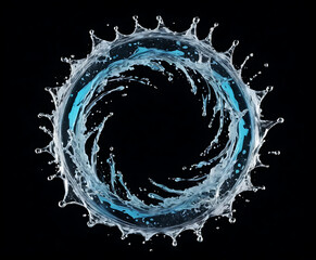 Macro close-up of a suspended water droplet with refraction and soft blue reflections, minimalist purity symbol for hydration and clarity.