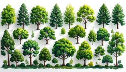 Fototapeta premium Collection of various green trees and shrubs in realistic style