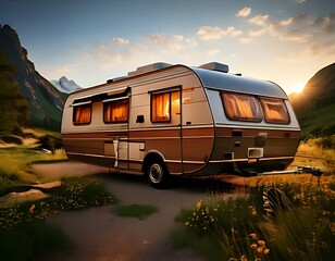 A vintage camper van parked in a scenic mountain meadow at sunset