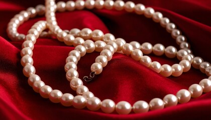Elegant pearl necklace on rich red satin background.