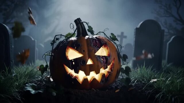 Pumpkin zombie Rising Out Of A Graveyard cemetery and church In Spooky scary dark Night full moon bats on tree. Holiday event halloween banner background concept.