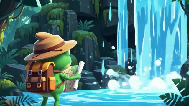 Animated Frog Explorer in Jungle with Map, Wearing Safari Hat, Cartoon Adventure