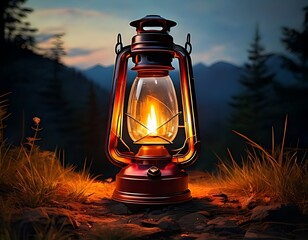 A vintage-style lantern glows warmly in a mountain setting at twilight