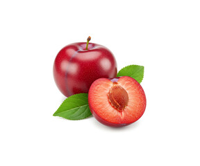 Juicy red Plum with cut in half and green leaf isolated on white background.