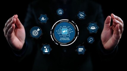 Marketing automation diagram showcase AI-driven campaign workflow, highlight marketing automation, data-driven strategy, marketing automation tools, and market automation process in business. Elide - Powered by Adobe