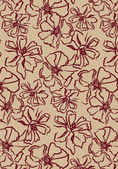 Abstract solid vector textile design, arrangement with big hibiscus contour of flowers, all-over seamless pattern with red and cream tone color illustration, digital image printing factory